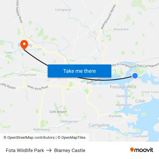 Fota Wildlife Park to Blarney Castle map