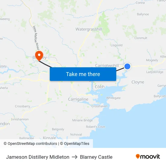 Jameson Distillery Midleton to Blarney Castle map