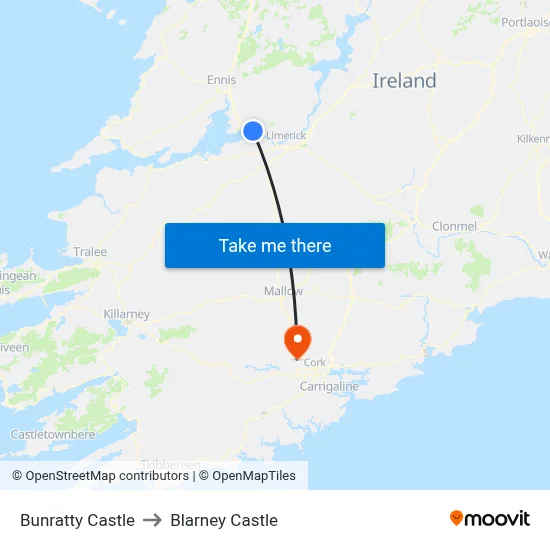 Bunratty Castle to Blarney Castle map