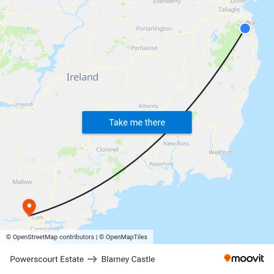 Powerscourt Estate to Blarney Castle map