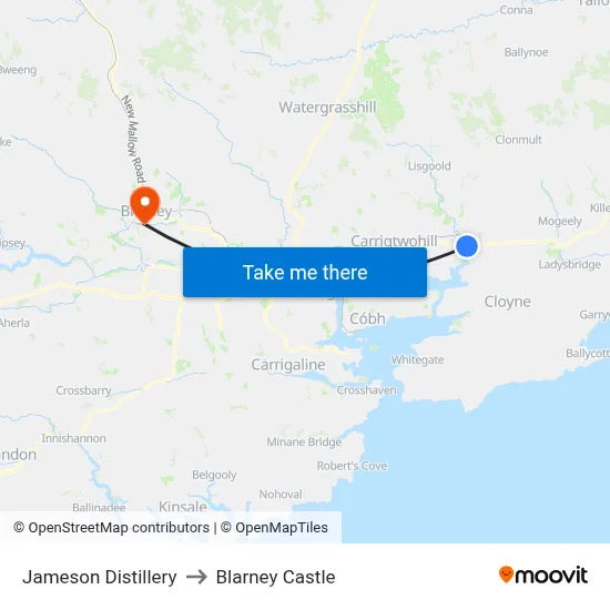 Jameson Distillery to Blarney Castle map