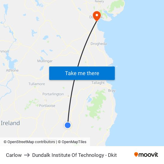 Carlow to Dundalk Institute Of Technology - Dkit map