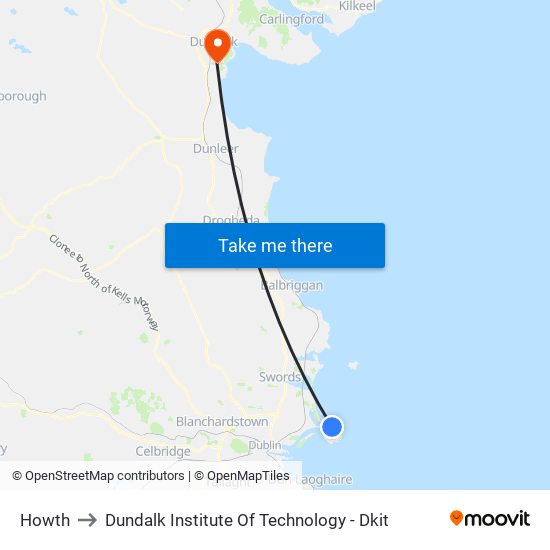 Howth to Dundalk Institute Of Technology - Dkit map