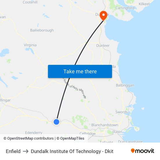 Enfield to Dundalk Institute Of Technology - Dkit map