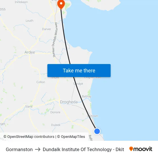 Gormanston to Dundalk Institute Of Technology - Dkit map