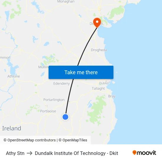 Athy Stn to Dundalk Institute Of Technology - Dkit map