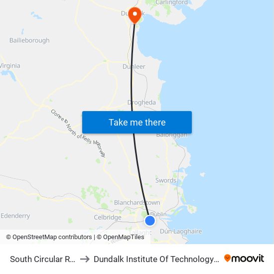 South Circular Road to Dundalk Institute Of Technology - Dkit map