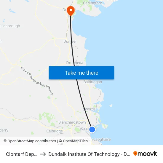 Clontarf Depot to Dundalk Institute Of Technology - Dkit map