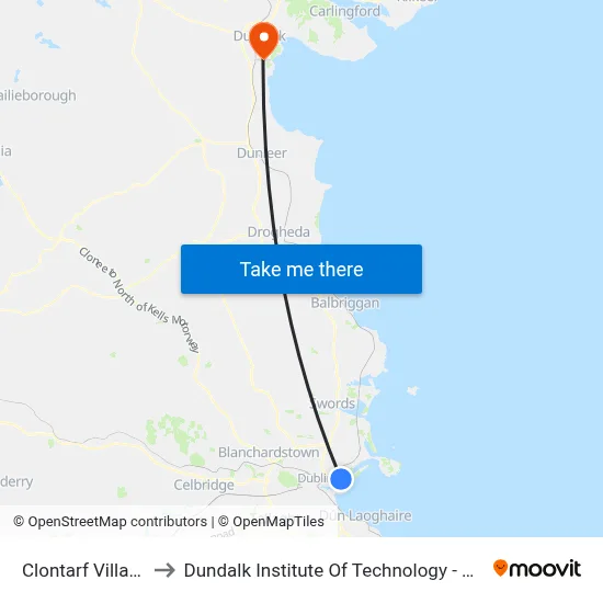 Clontarf Village to Dundalk Institute Of Technology - Dkit map