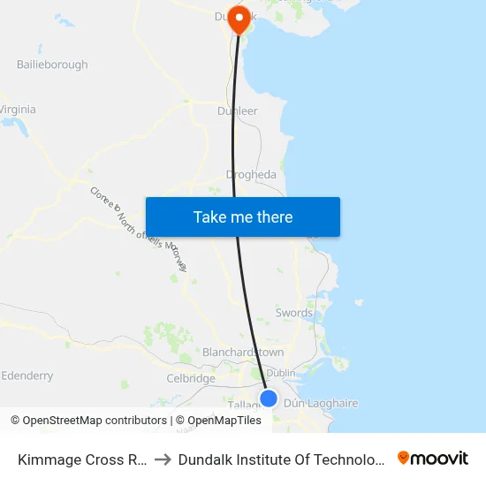 Kimmage Cross Roads to Dundalk Institute Of Technology - Dkit map