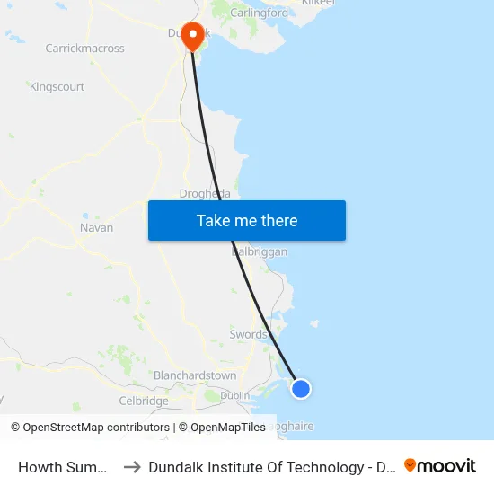 Howth Summit to Dundalk Institute Of Technology - Dkit map