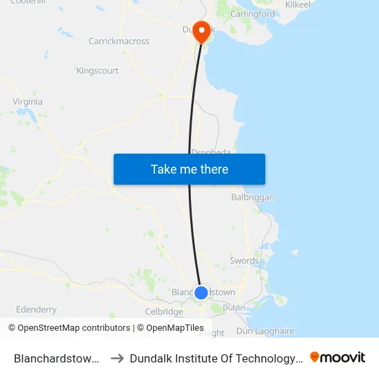 Blanchardstown Ctr to Dundalk Institute Of Technology - Dkit map
