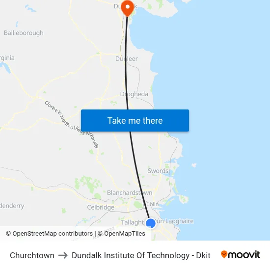 Churchtown to Dundalk Institute Of Technology - Dkit map
