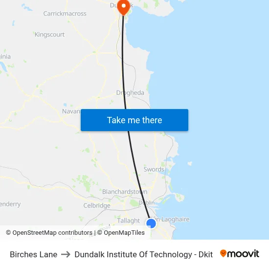 Birches Lane to Dundalk Institute Of Technology - Dkit map