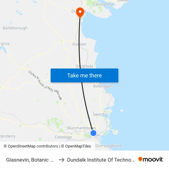 Glasnevin, Botanic Gardens to Dundalk Institute Of Technology - Dkit map