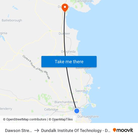 Dawson Street to Dundalk Institute Of Technology - Dkit map