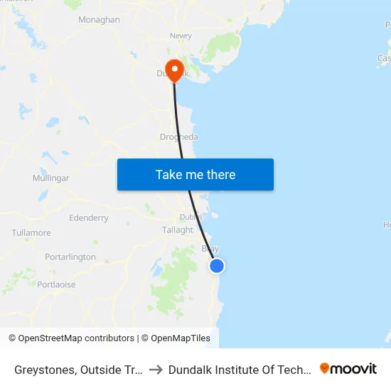Greystones, Outside Train Station to Dundalk Institute Of Technology - Dkit map