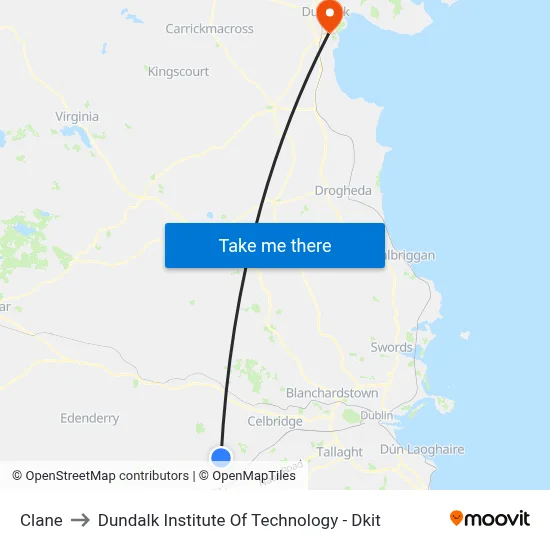 Clane to Dundalk Institute Of Technology - Dkit map