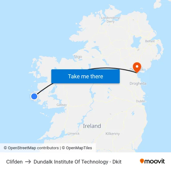 Clifden to Dundalk Institute Of Technology - Dkit map