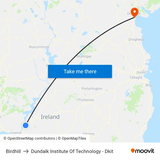 Birdhill to Dundalk Institute Of Technology - Dkit map