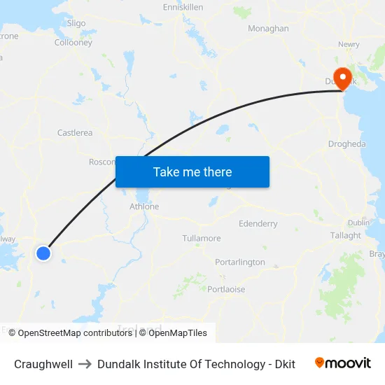 Craughwell to Dundalk Institute Of Technology - Dkit map