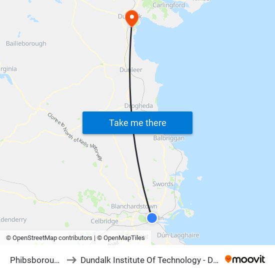 Phibsborough to Dundalk Institute Of Technology - Dkit map