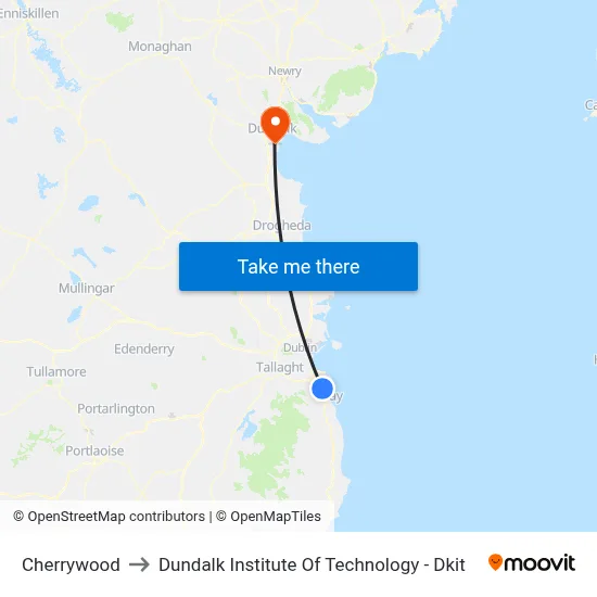 Cherrywood to Dundalk Institute Of Technology - Dkit map