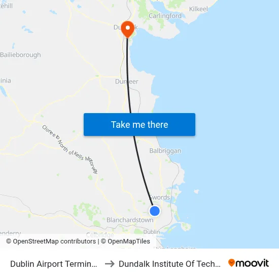 Dublin Airport Terminal 1 Zone 1 to Dundalk Institute Of Technology - Dkit map