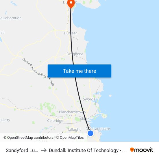 Sandyford Luas to Dundalk Institute Of Technology - Dkit map