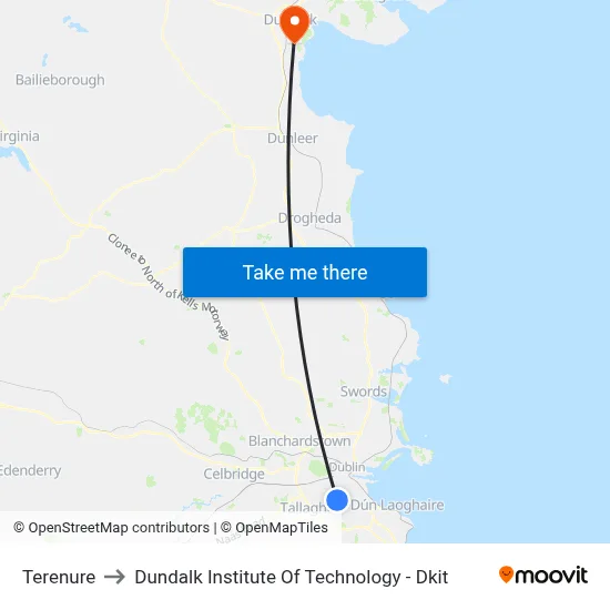 Terenure to Dundalk Institute Of Technology - Dkit map