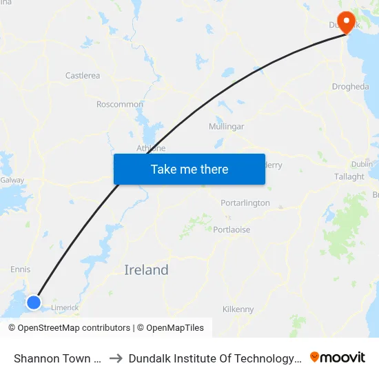 Shannon Town Hall to Dundalk Institute Of Technology - Dkit map