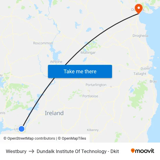 Westbury to Dundalk Institute Of Technology - Dkit map