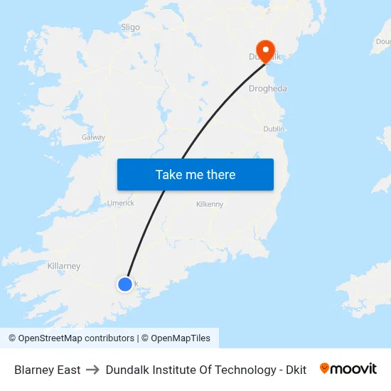 Blarney East to Dundalk Institute Of Technology - Dkit map