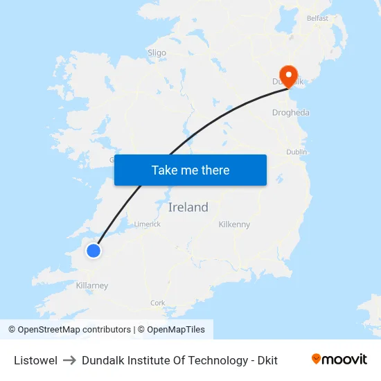 Listowel to Dundalk Institute Of Technology - Dkit map