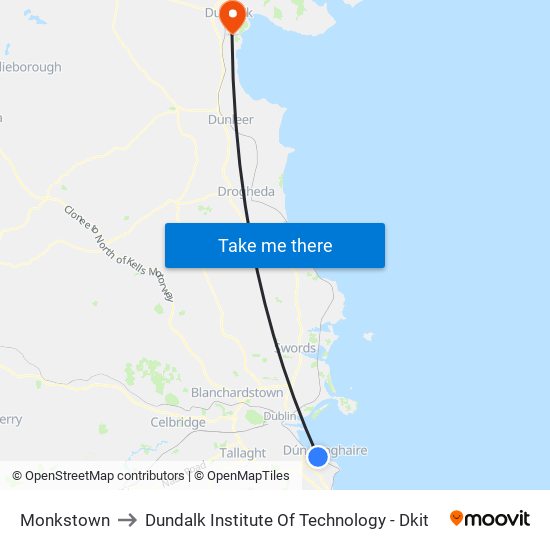 Monkstown to Dundalk Institute Of Technology - Dkit map