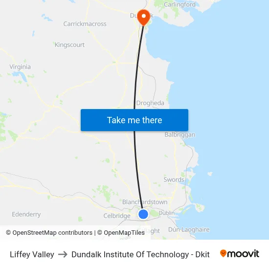 Liffey Valley to Dundalk Institute Of Technology - Dkit map