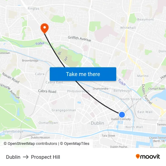 Dublin to Prospect Hill map