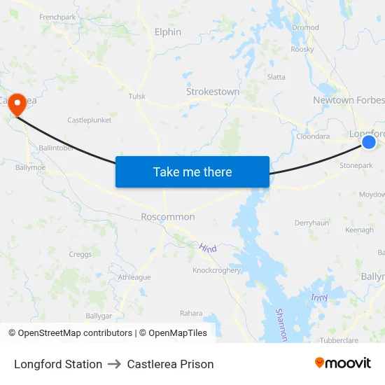 Longford Station to Castlerea Prison map