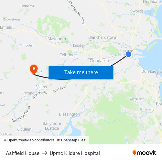 Ashfield House to Upmc Kildare Hospital map