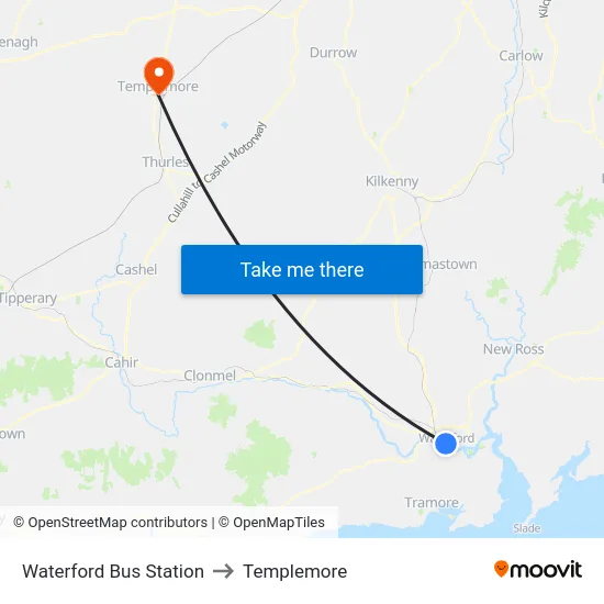 Waterford Bus Station to Templemore map