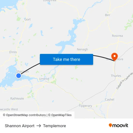 Shannon Airport to Templemore map