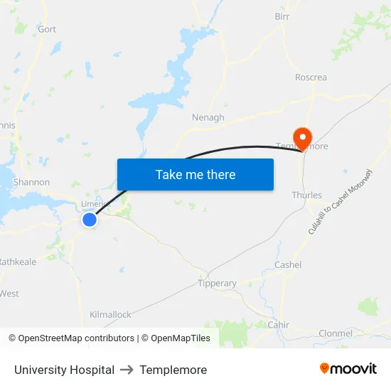 University Hospital to Templemore map