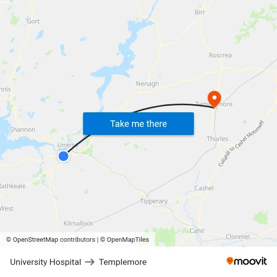 University Hospital to Templemore map
