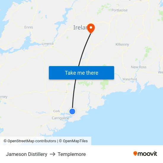 Jameson Distillery to Templemore map