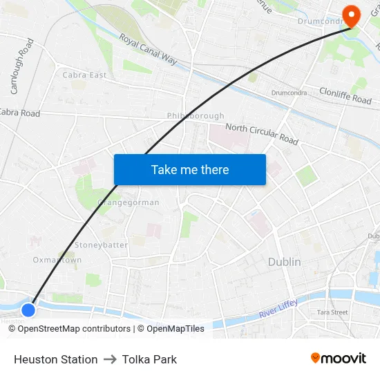 Heuston Station to Tolka Park map