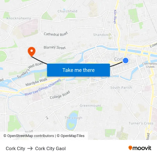 Cork City to Cork City Gaol map