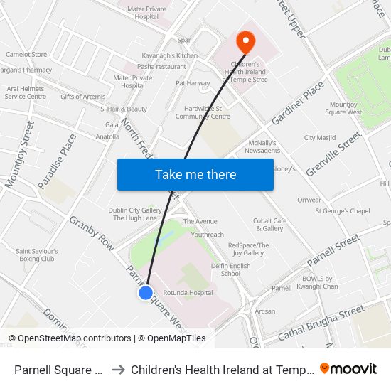 Parnell Square West to Children's Health Ireland at Temple Stree map