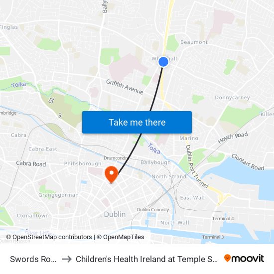 Swords Road to Children's Health Ireland at Temple Stree map