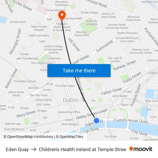 Eden Quay to Children's Health Ireland at Temple Stree map