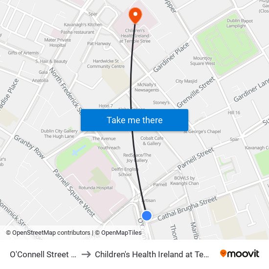 O'Connell Street Upper to Children's Health Ireland at Temple Stree map